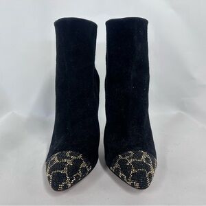 Suede Sergio Rossi Stiletto Booties with Leopard Print Rhinestone Design